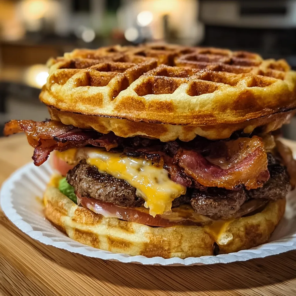Ultimate Maple Bacon Waffle Burger with Crispy Chicken and Sweet Maple Glaze - tertiary view